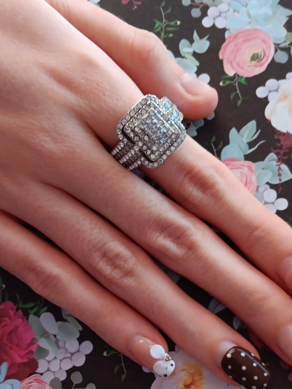 Silver Square Cluster Halo Sparkle Ring Size 10.5 New!